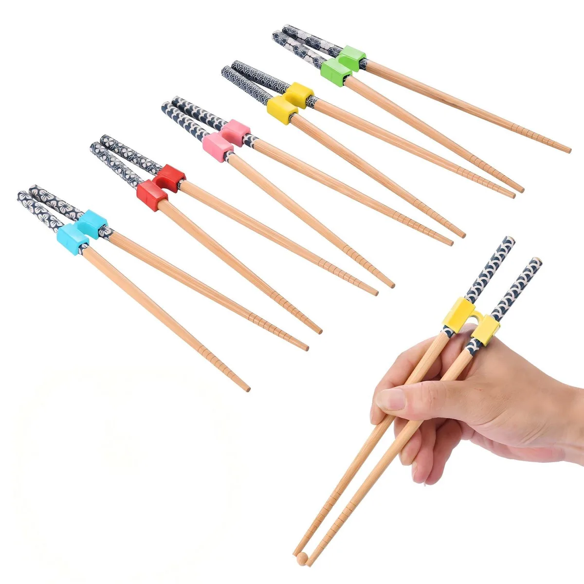 Five pairs of bamboo training chopsticks with plastic guides, 8.86 inches long, Japanese style finish