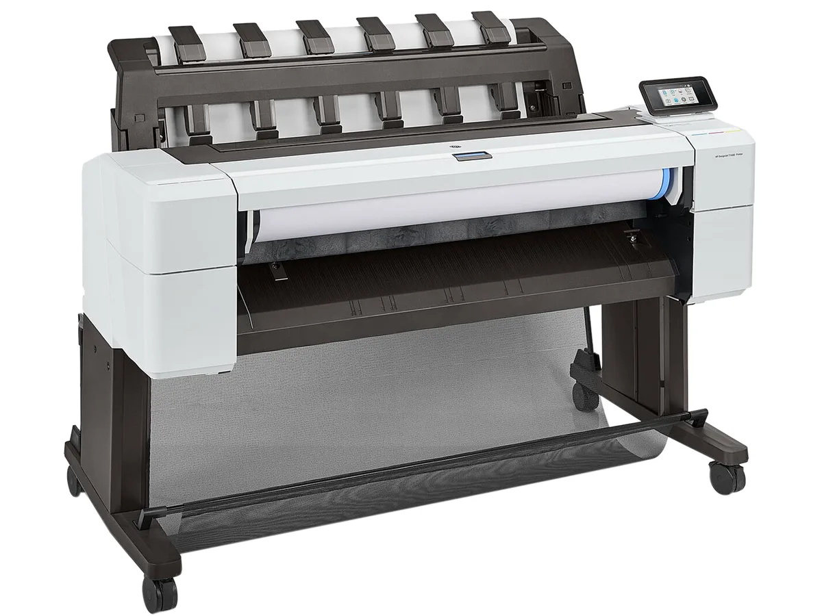 Large-format thermal inkjet printer in white and grey with roll feed and output tray