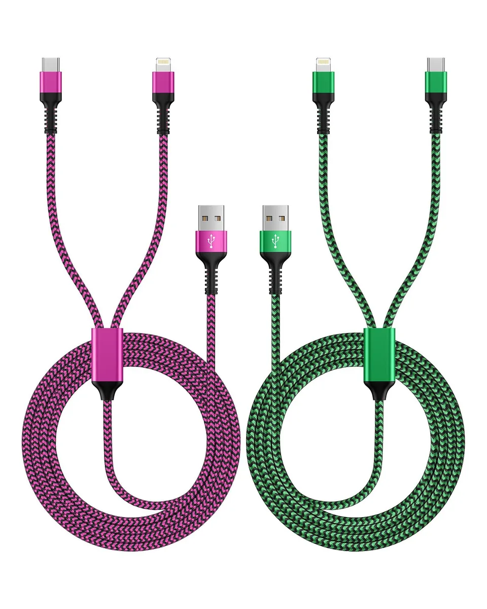 Honor 2-in-1 USB-A to Lightning and USB-C braided charging cable in green and pink, 4 feet long
