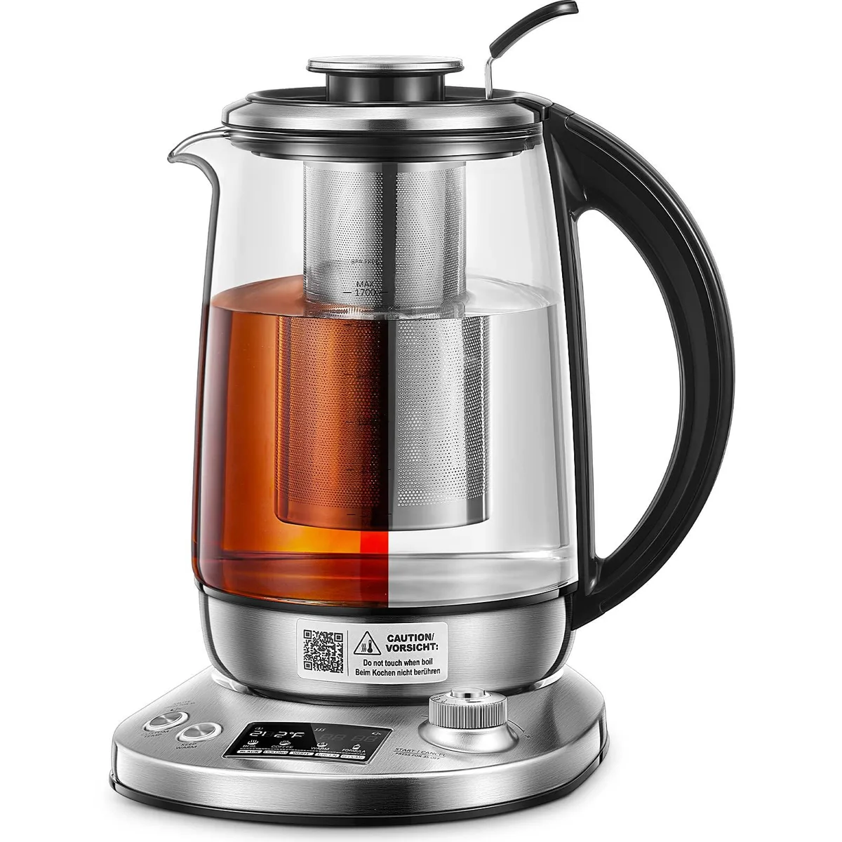 Transparent glass kettle on silver and black base, 1.7 litre capacity