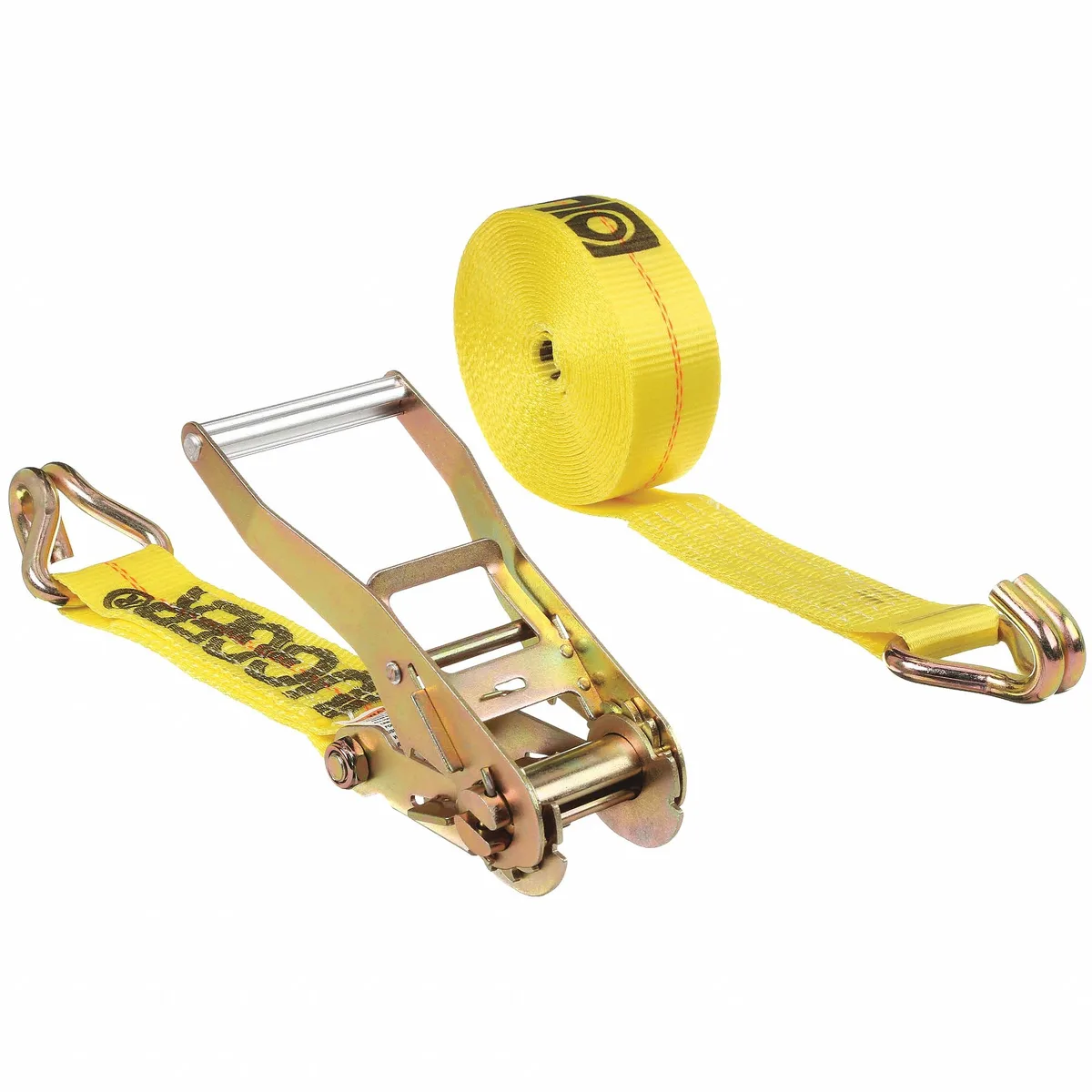 Yellow polyester ratchet strap with steel U-hooks, 2 in wide, 30 ft long