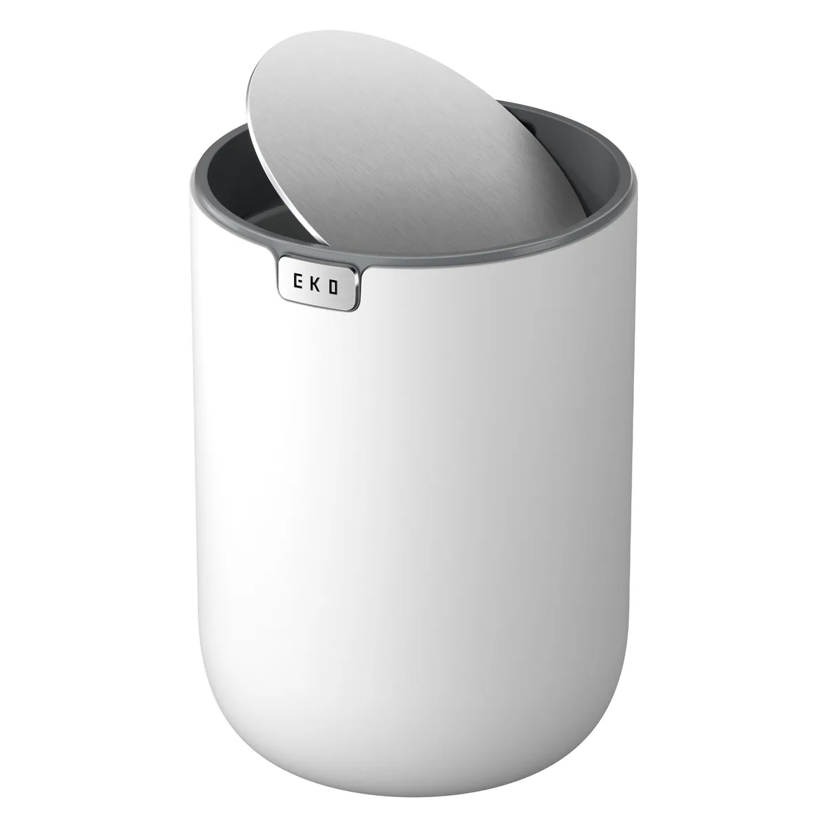 Three white cylindrical mini trash cans with swing-top lids, brushed finish, 5.3 in diameter