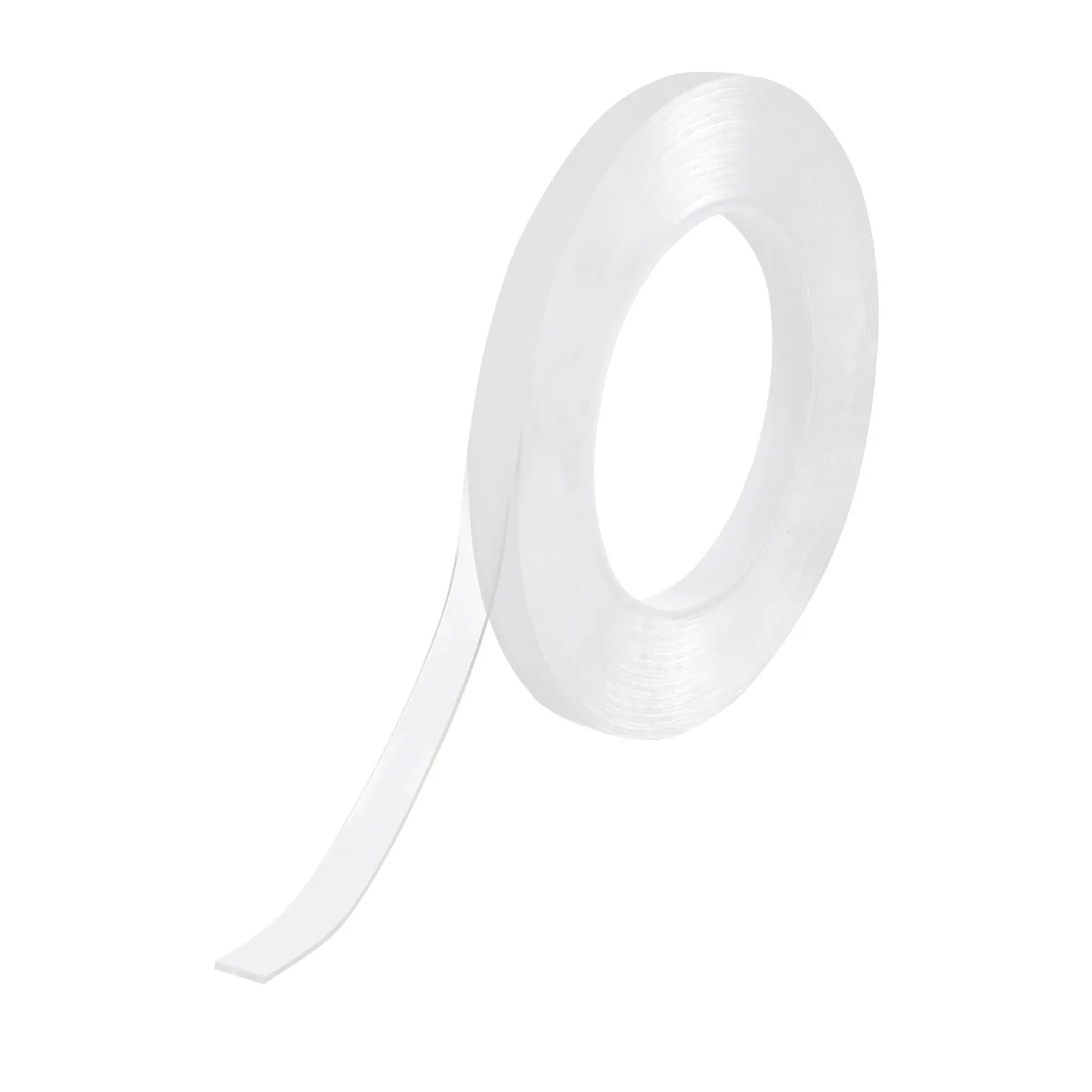 A roll of clear double-sided mounting tape on a white core, width point four inches, length ten feet