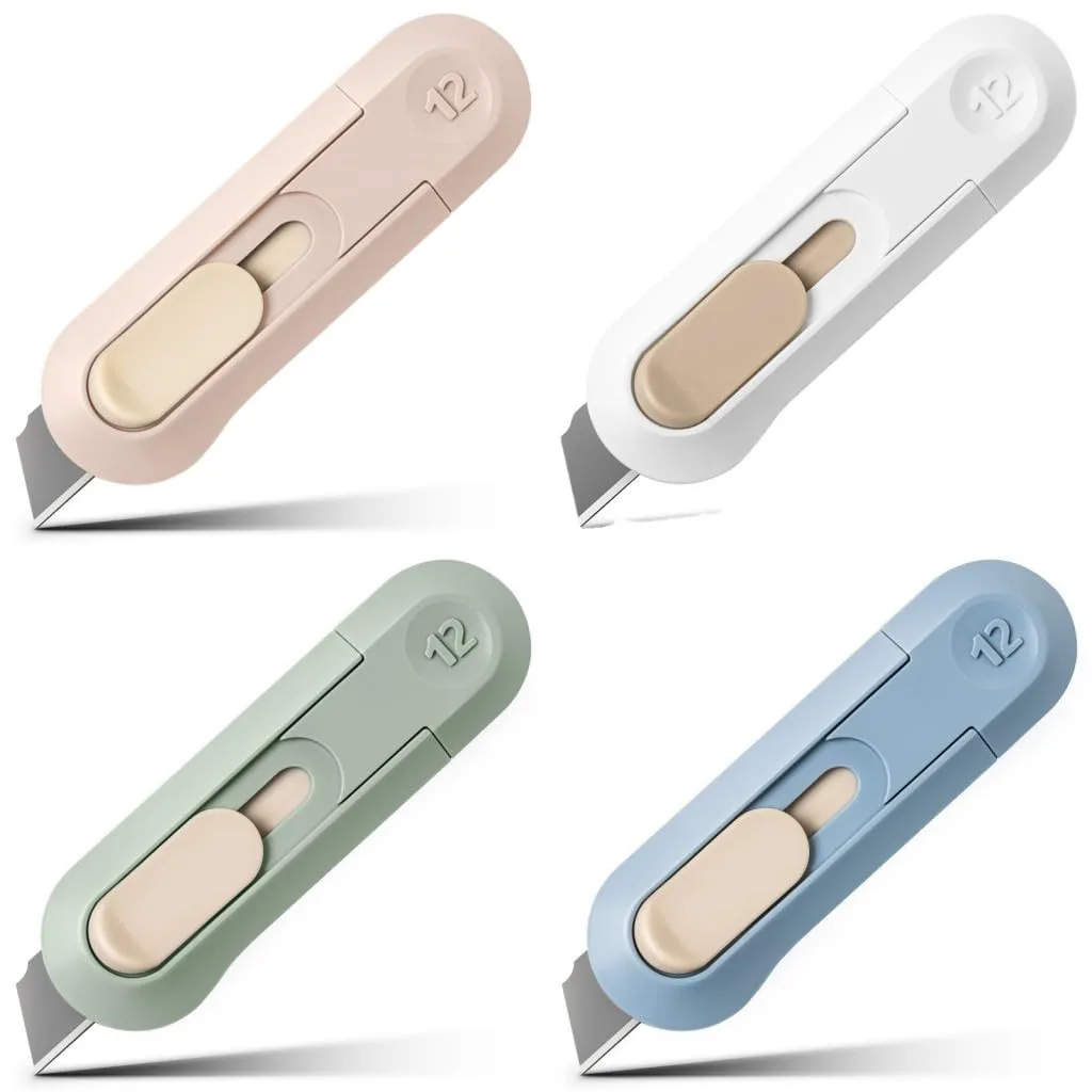 Four red retractable utility knives with plastic handles and carbon steel blades