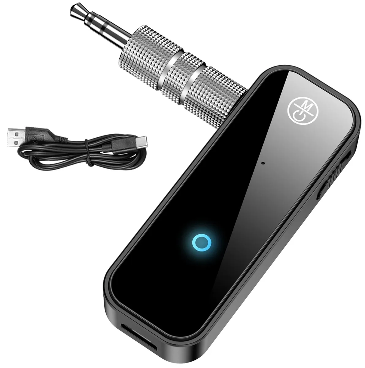 Small black rectangular Bluetooth 5.4 adapter with 3.5 mm jack, 2.4 by 0.87 by 0.48 inches