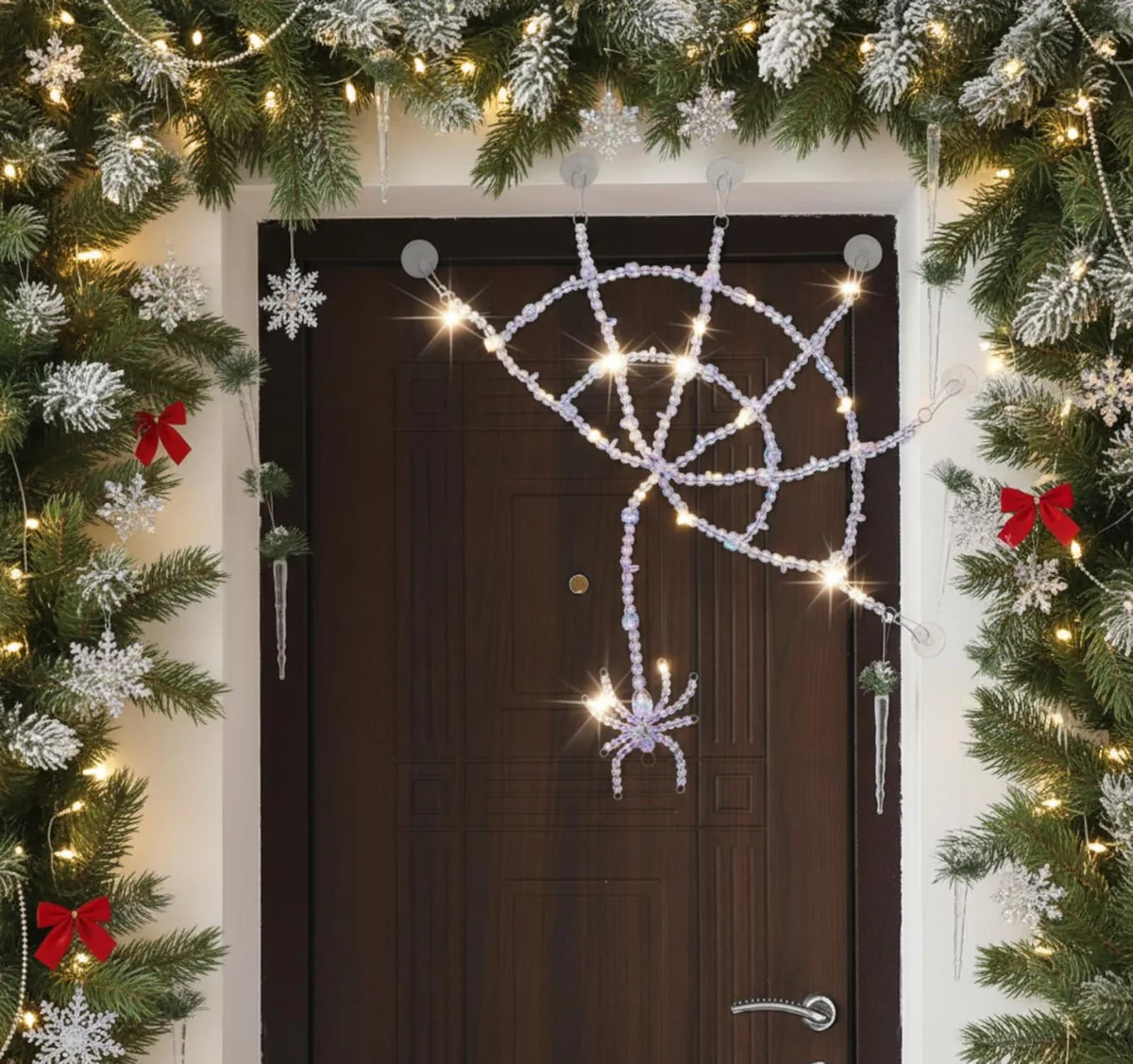 Crystal spider web decoration 15.7 inches wide with red LED light blue wire transparent finish