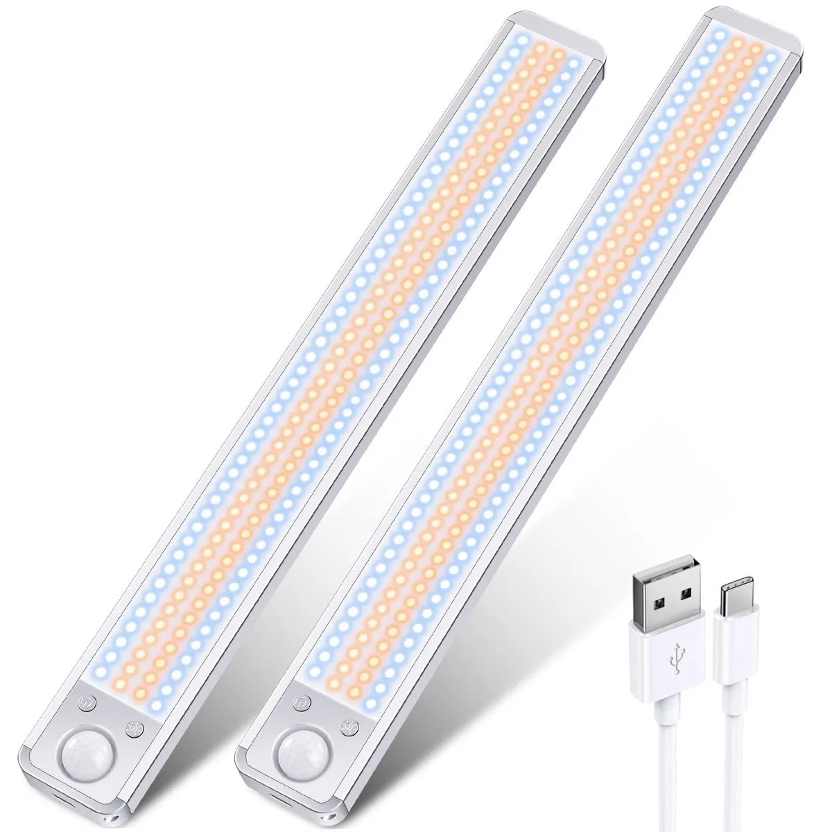 Two slim white bars with clear prismatic faces, magnetic backs, push button controls