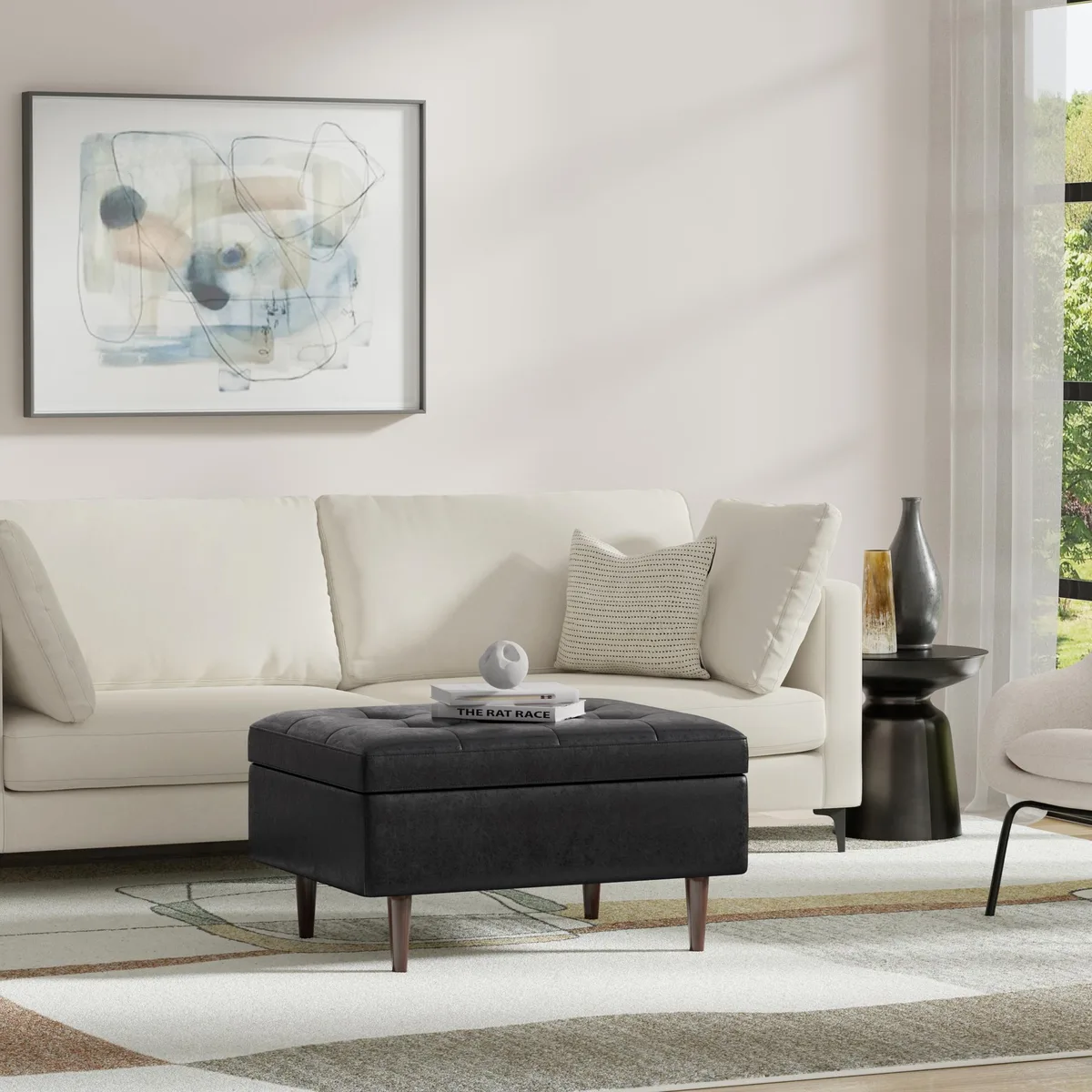 tuphen tuphen Shay Mid Century Small Coffee Table Storage Ottoman Distressed Black 34.25" W x 26" D x 18.5" H — product photo