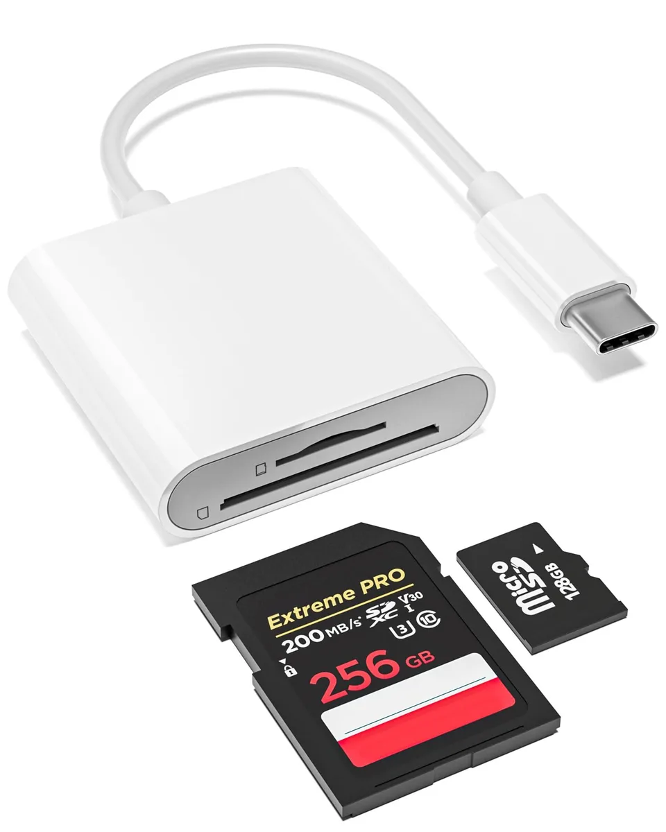 Compact USB-C card reader with side-by-side SD and MicroSD slots, matte finish