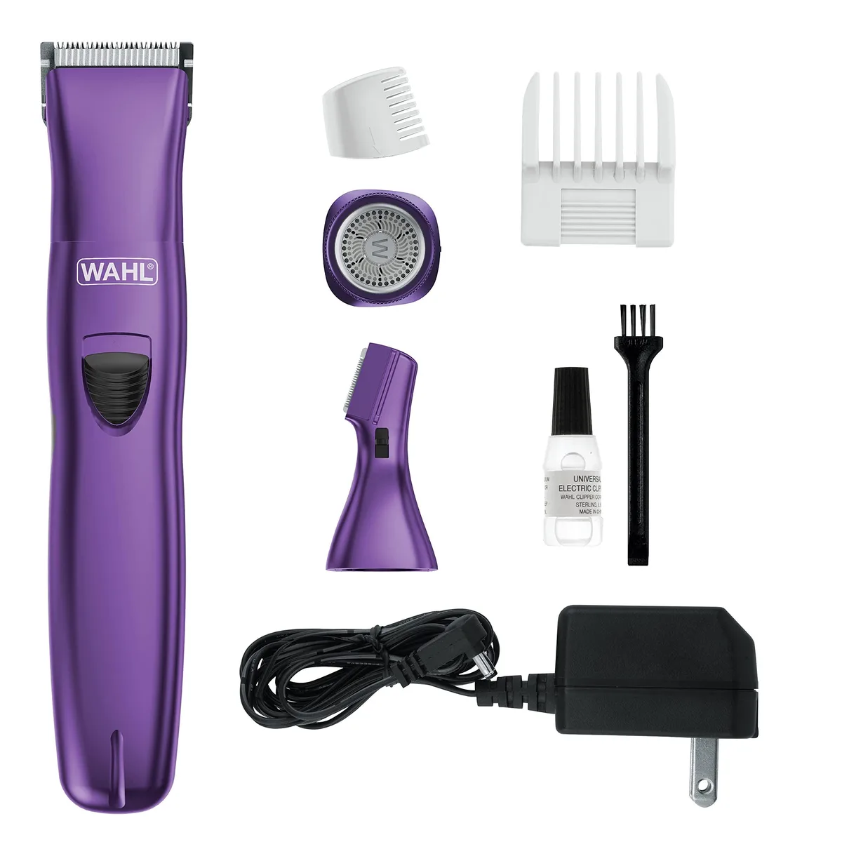 Compact black rechargeable trimmer with three interchangeable heads and two guide combs