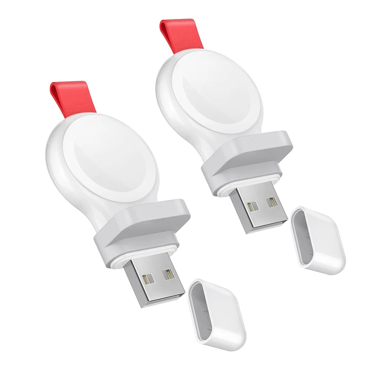 Two compact magnetic USB-A Apple Watch chargers with matte finish