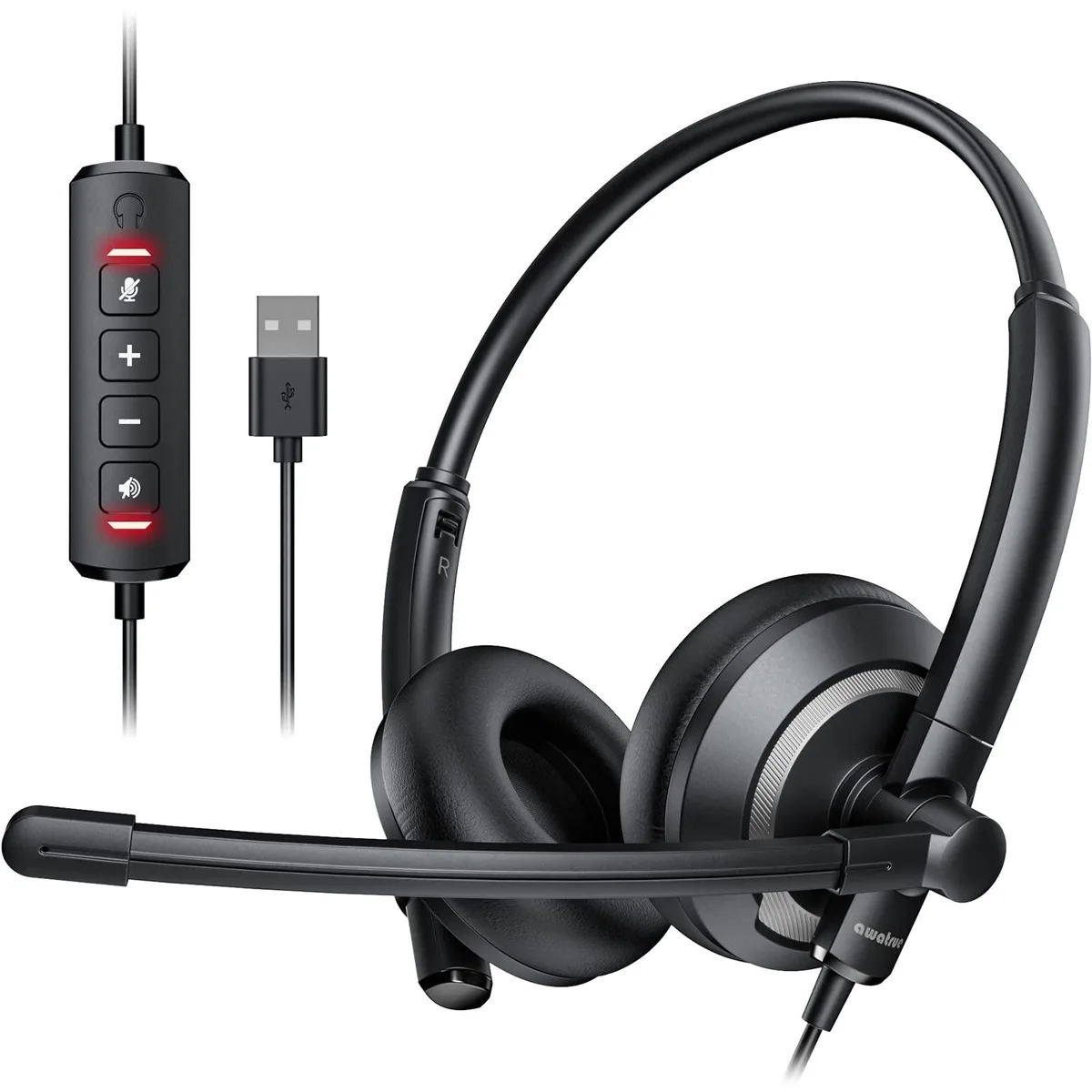 Black on-ear USB headset with inline controls and adjustable microphone boom