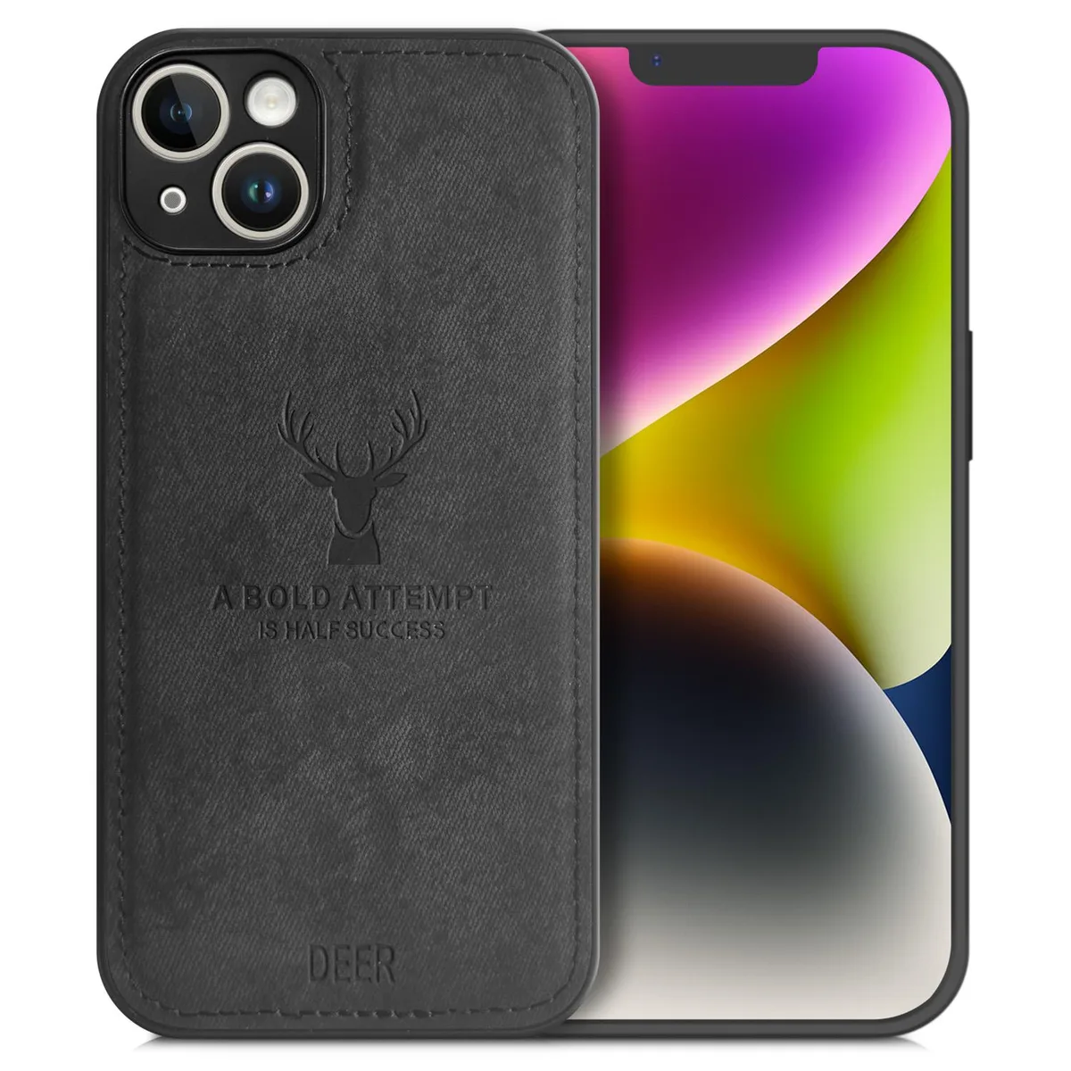 Black iPhone 14 Plus case with textured cloth back and TPU bumper edges