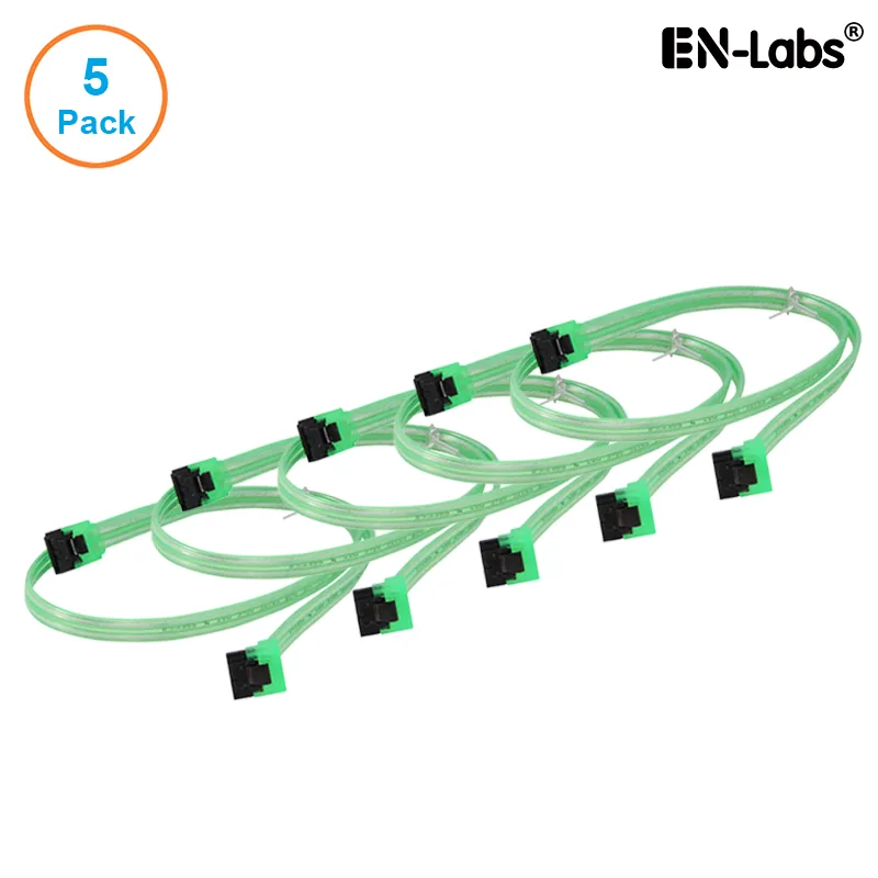 EN-Labs EN-Labs 5PKSATAIII60CMGN 5-pack SATA 3.0 6Gbps straight to 90° UV Green 24 — product photo