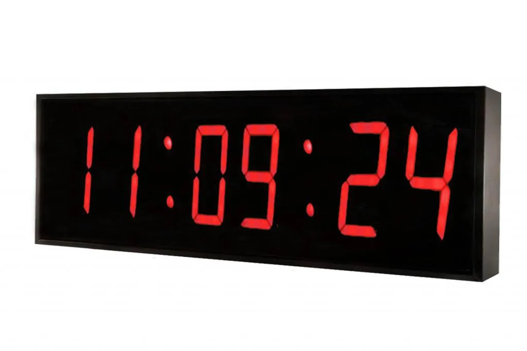 Large red digital LED wall clock thirty inches wide with five inch digits and remote control