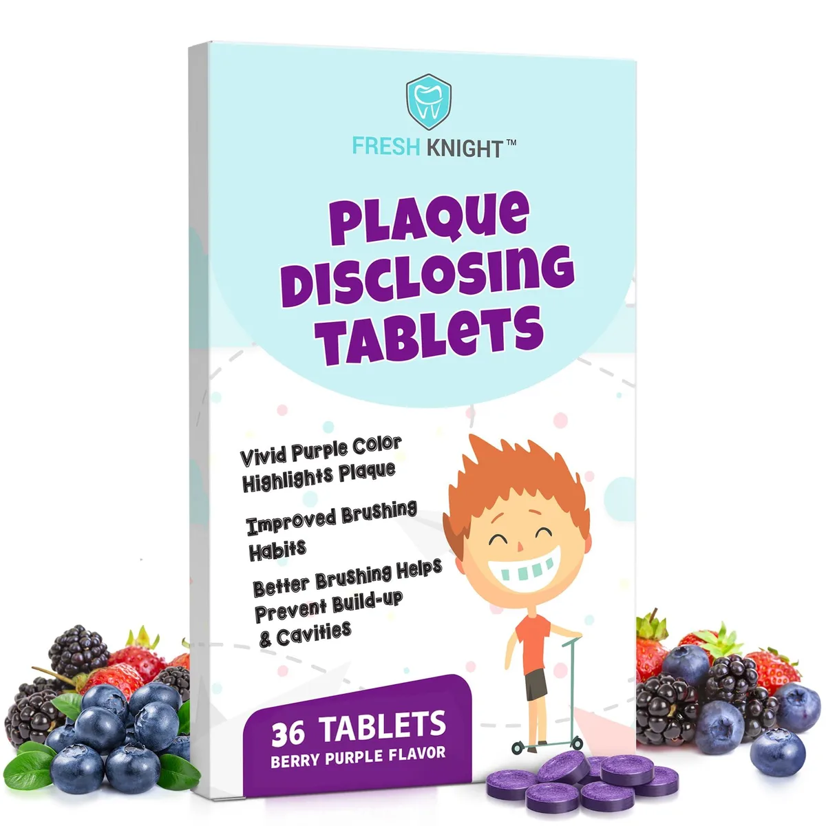 White box containing 36 strawberry plaque disclosing tablets