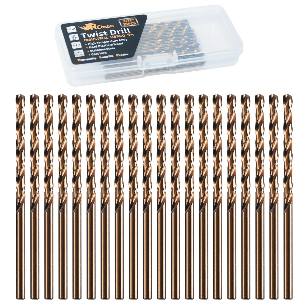 Twenty 3/32 inch cobalt drill bits in plastic case