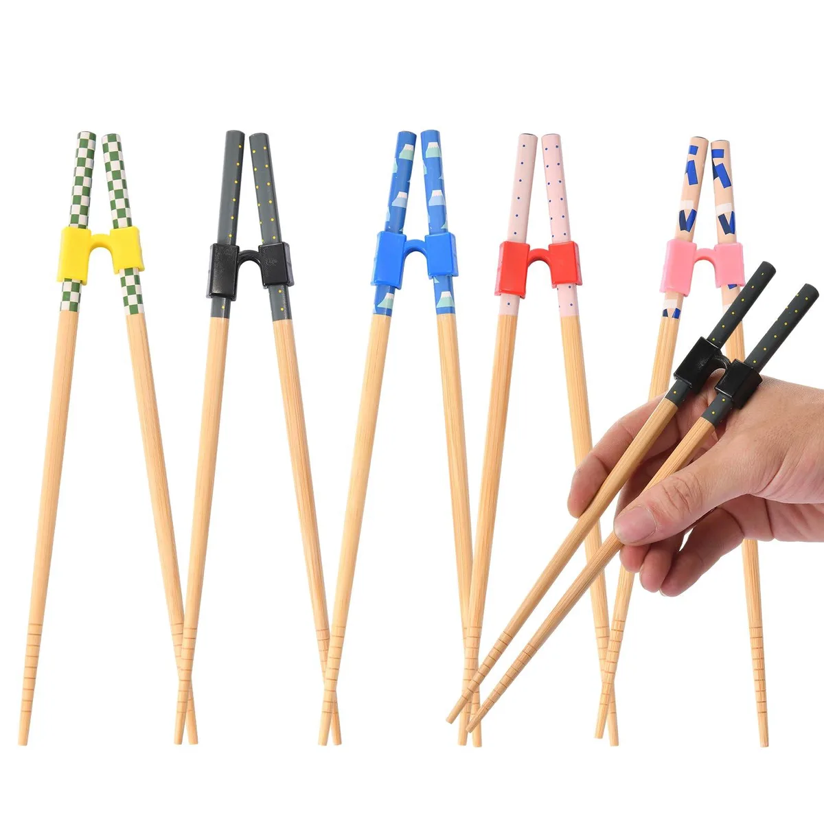 Five pairs of colourful bamboo chopsticks with plastic training guides, 8.86 inches long