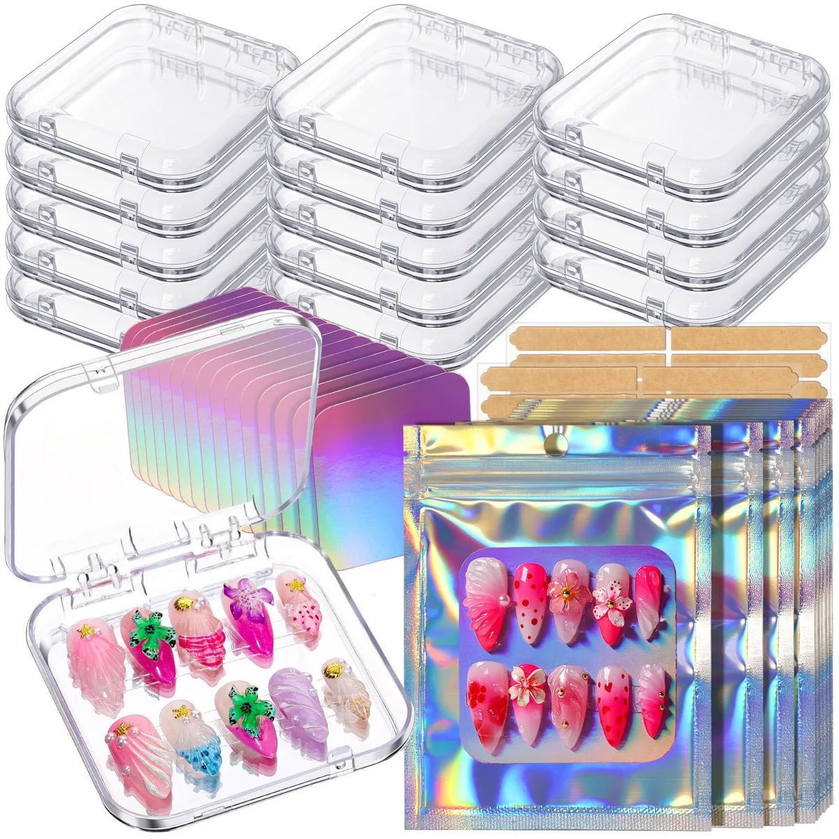 Blue transparent acrylic nail storage boxes with holographic bags and cards, 15 boxes, 60 adhesive strips