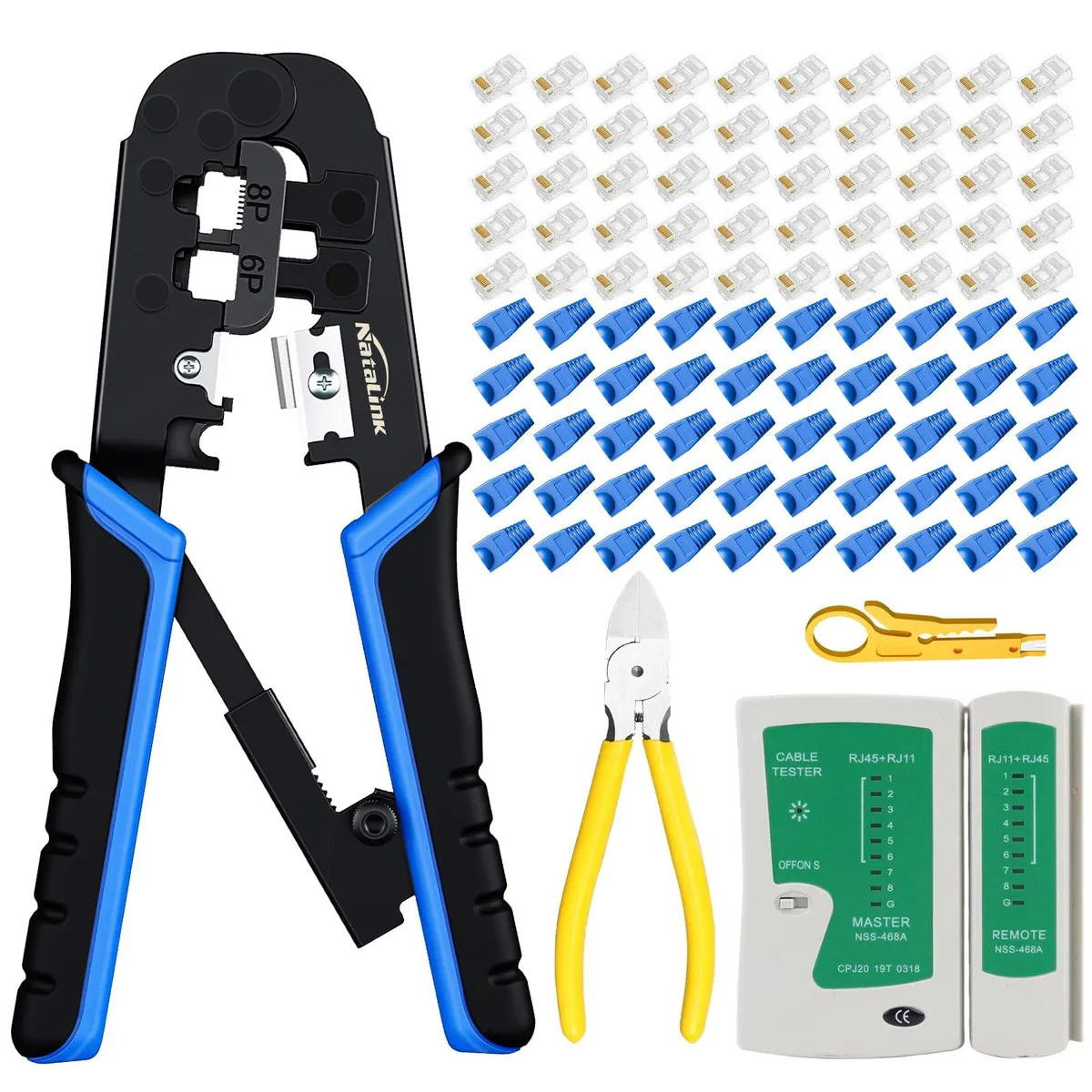 Red Klein Tools crimp kit with pliers, tester, stripper, 50 connectors and 50 boots