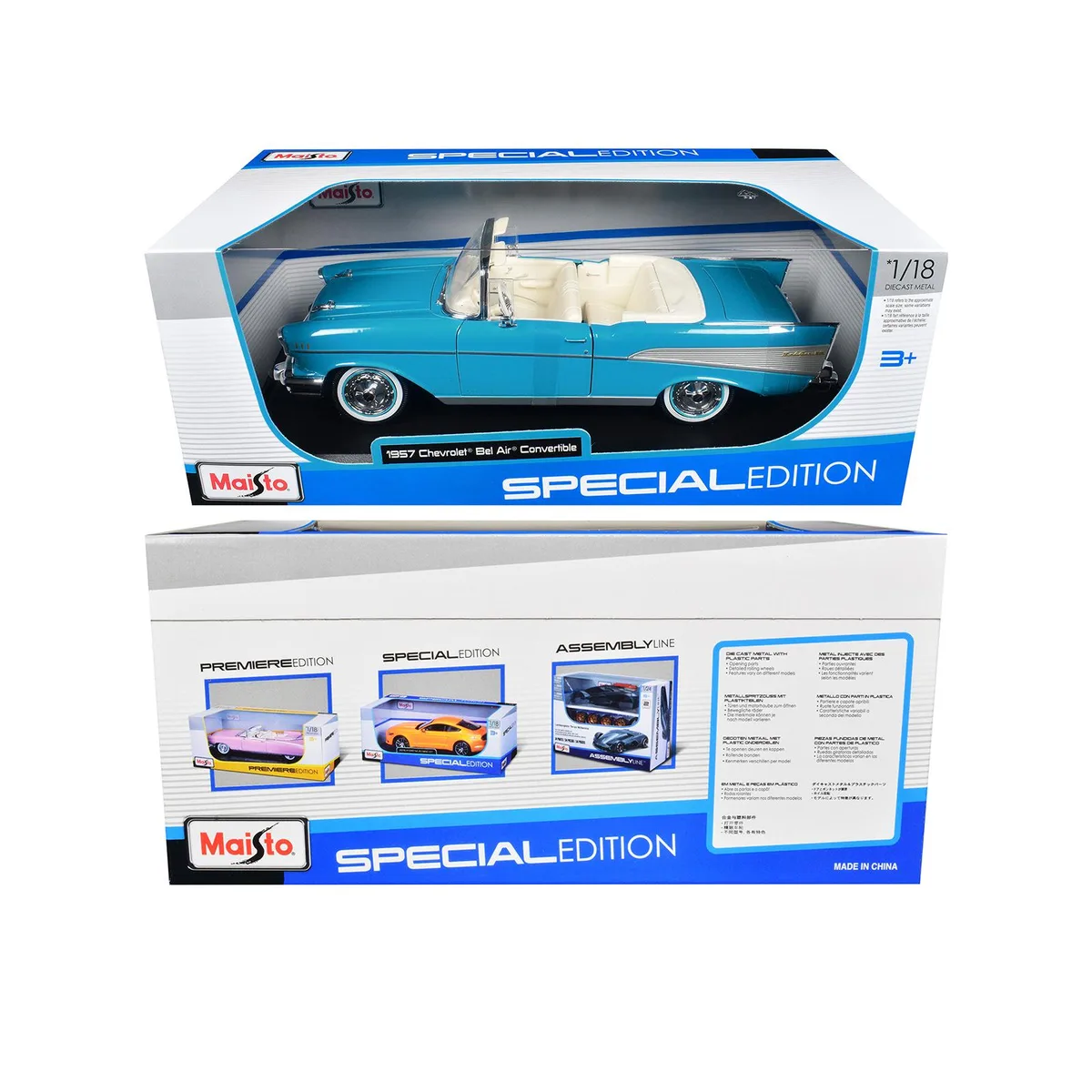 Maisto Maisto 1957 Chevrolet Bel Air Convertible 1/18 Diecast Blue White Interior Special Edition — product photo