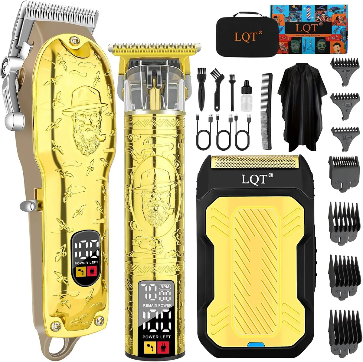 Gold metal hair clipper with T-blade trimmer and guide combs