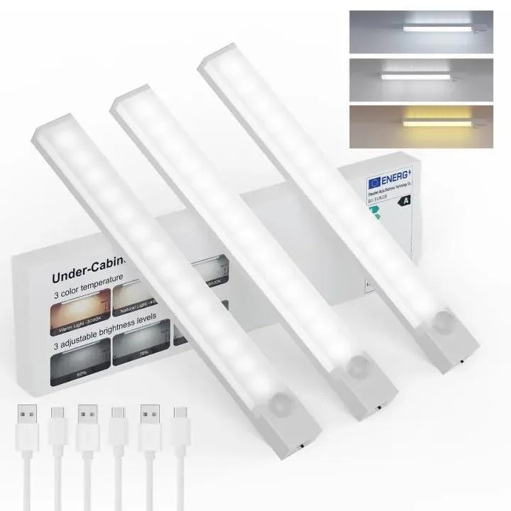 Three white acrylic bars 8 L x 0.86 W x 0.47 H inches with clear prismatic faces, magnetic bases and USB-C cables
