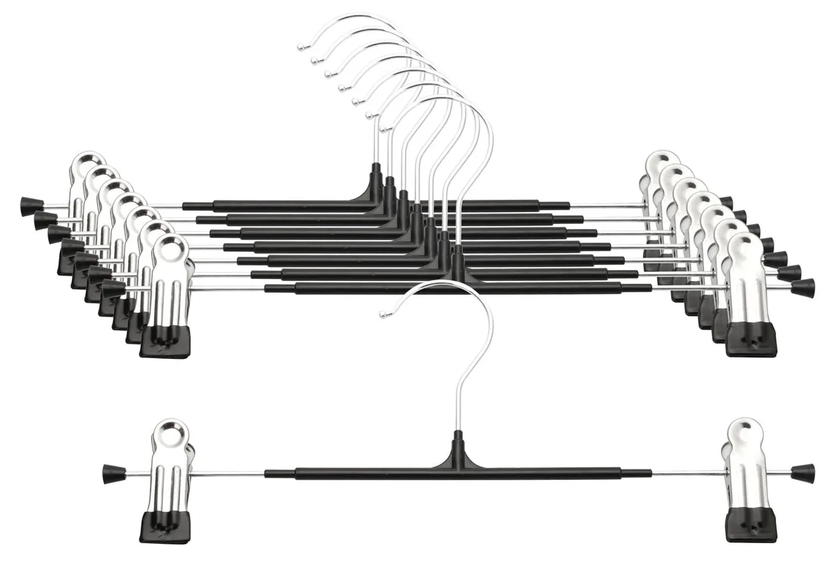 Eight black metal pants hangers with adjustable clips and rotating hooks