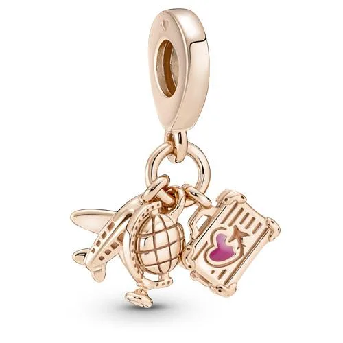Three silver-tone charms: airplane, globe, suitcase with pink enamel heart, 14k rose-gold plating