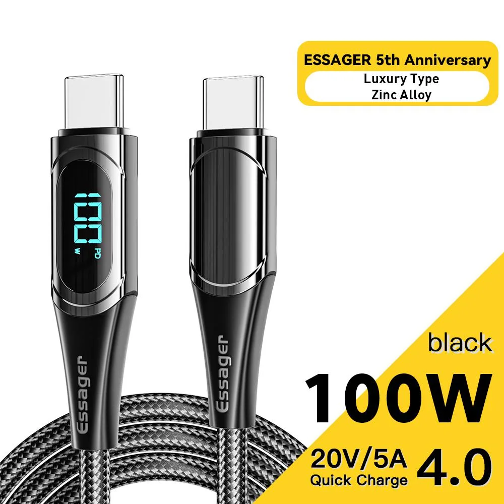 Black braided USB-C cable with LED power display, 3.3ft