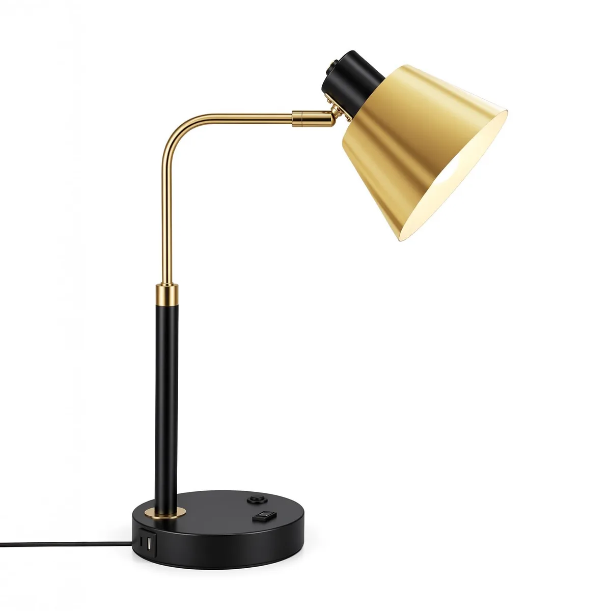 Matte black desk lamp with brass-look accents, adjustable shade, USB and AC ports on base