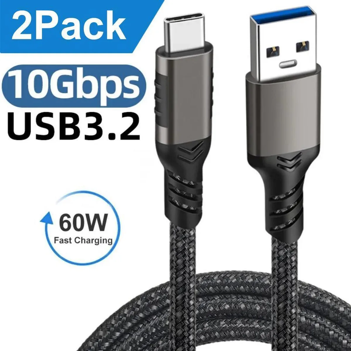 SMUGDESK SMUGDESK USB A to USB C 3.2 Gen 2 Cable 10 ft 10 Gbps 3 A 60 W Braided Black 2-Pack — product photo