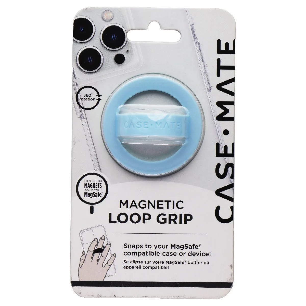 Blue silicone loop grip with magnetic MagSafe attachment, collapsible and rotatable 360°