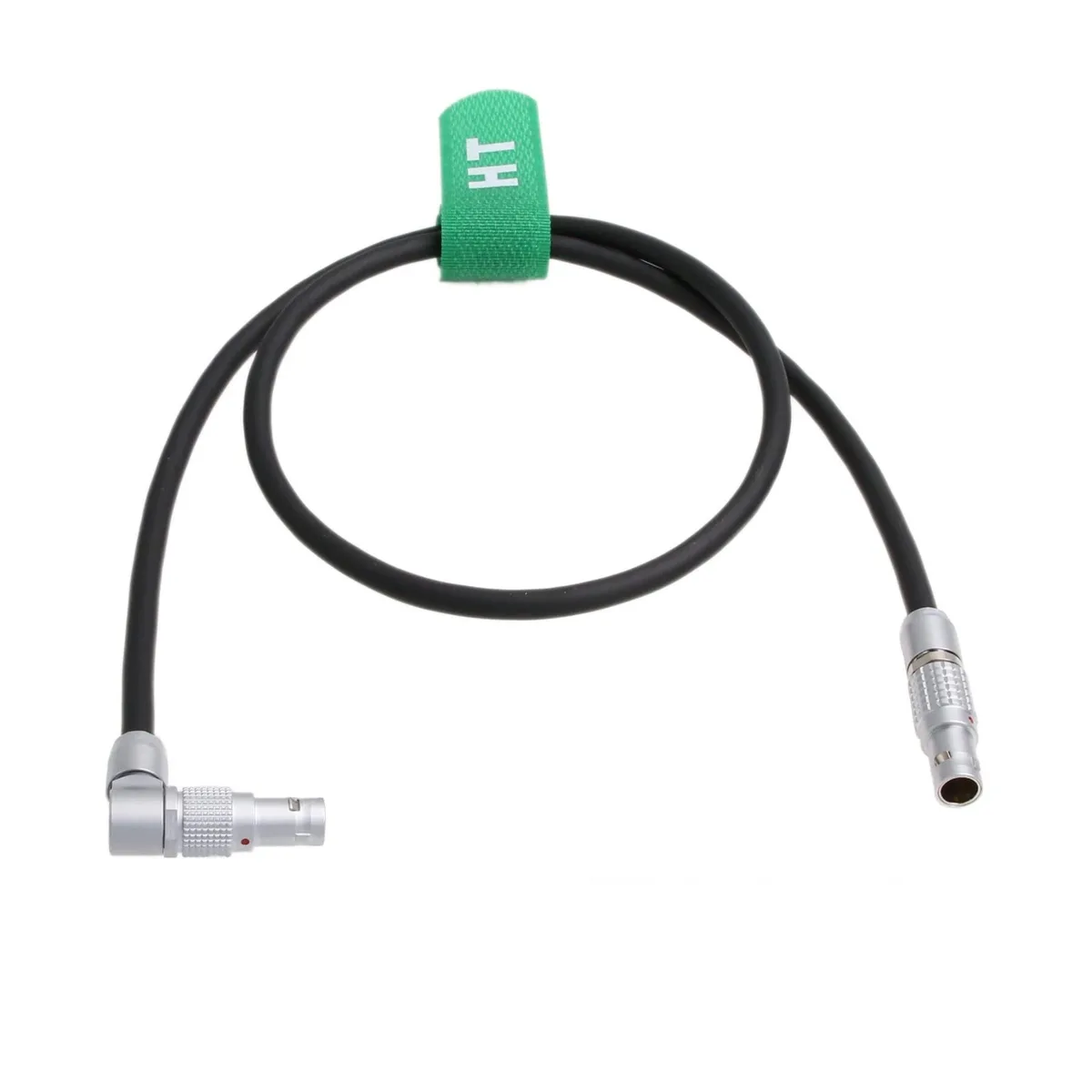 Black 12V power cable with right-angle 2-pin Lemo connector to straight 2-pin Lemo connector, 60cm length