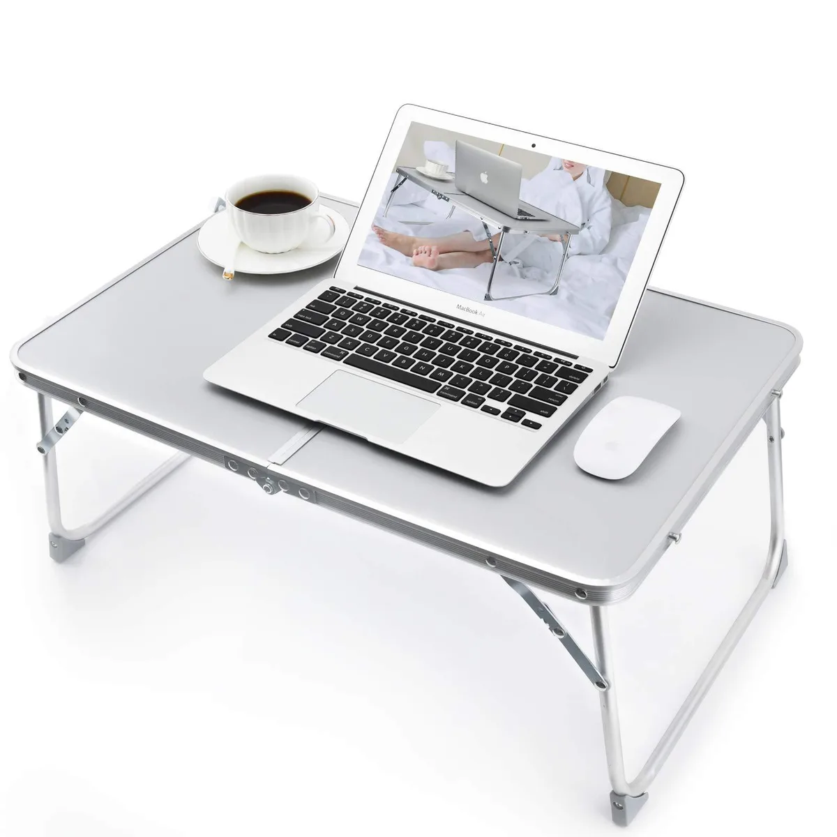 Black aluminium alloy foldable laptop table with MDF top, folded legs tucked underneath