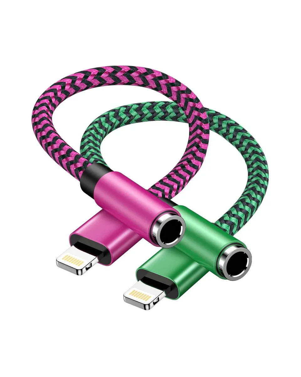 Two short Lightning-to-3.5mm adapters, one rose one green, braided cables, aluminium ends