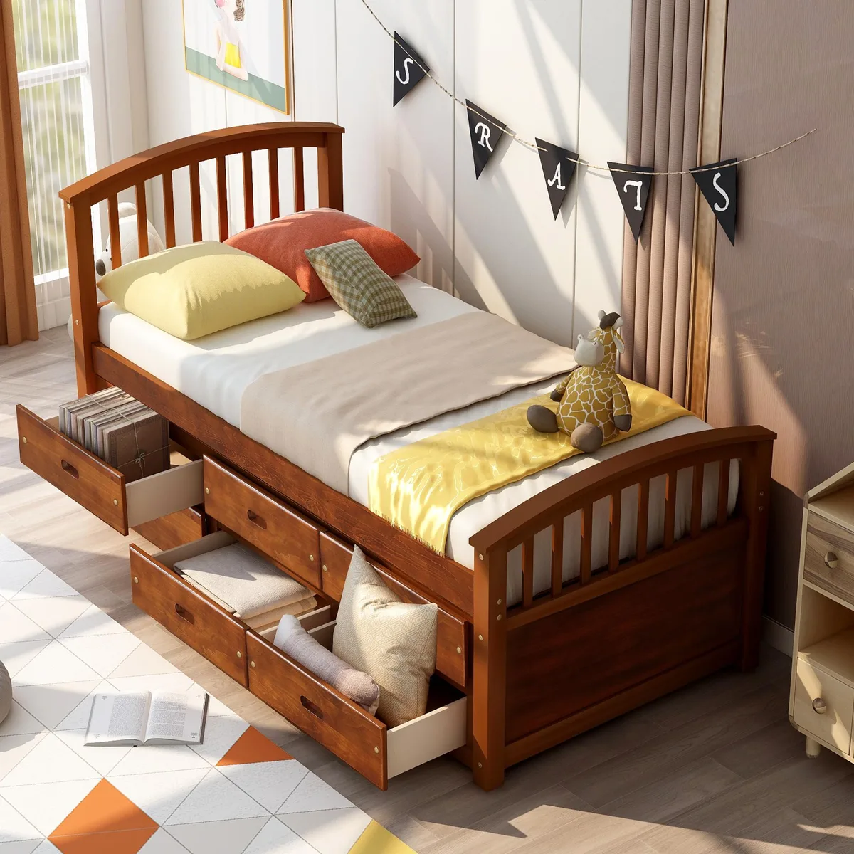 tuphen tuphen Twin Platform Storage Bed Walnut 6 Drawers 10 Slats 200lbs — product photo