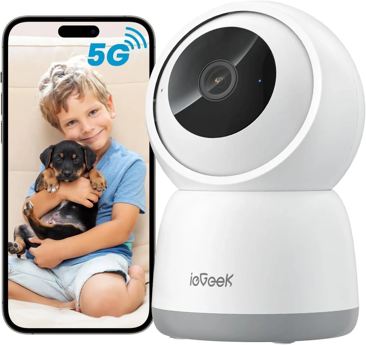 White cylindrical indoor security camera on a flat base, matte finish, 360° rotation capability