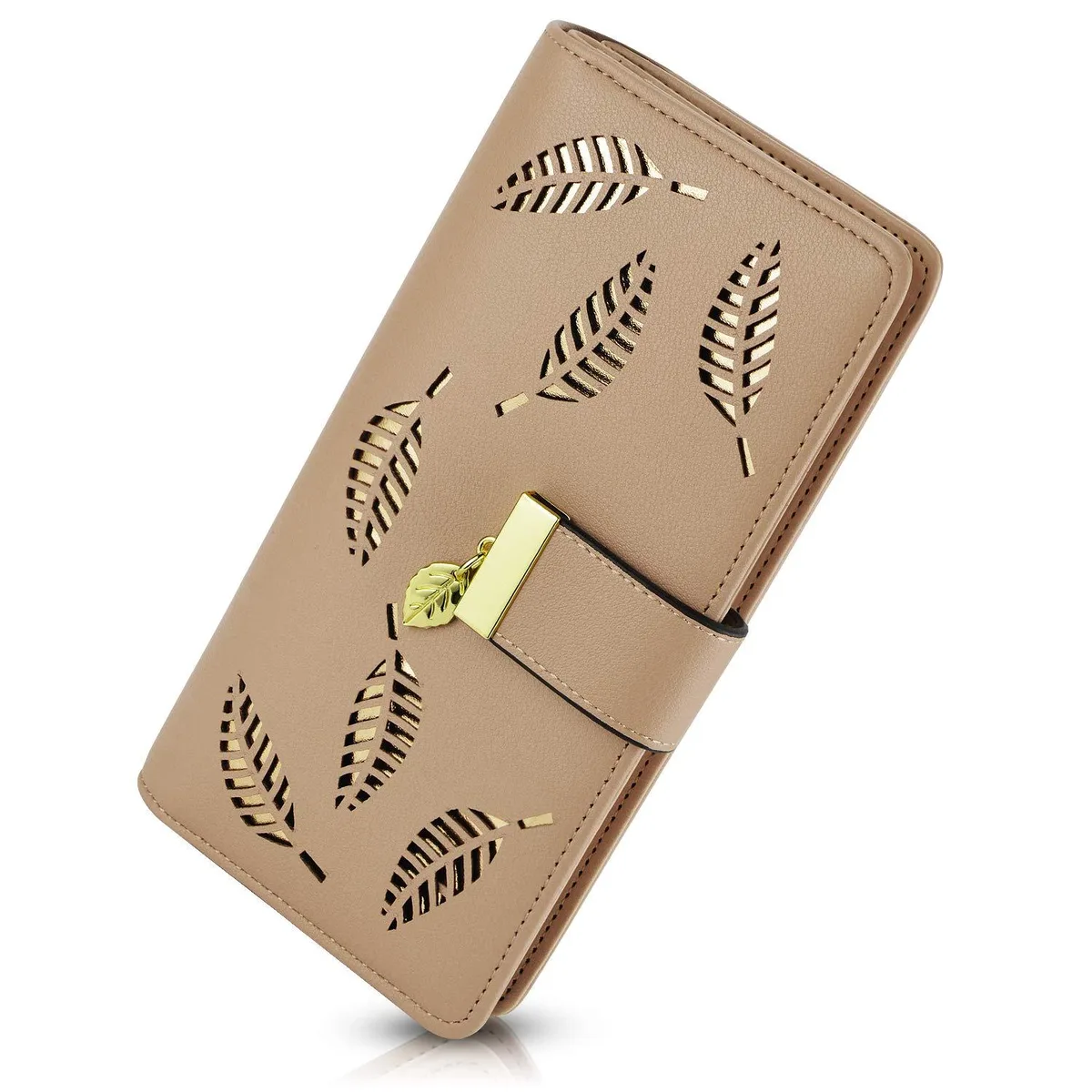  PGXT Women's Bifold Leather Wallet Khaki 11 Card Slots 7.48" x 3.94 — product photo