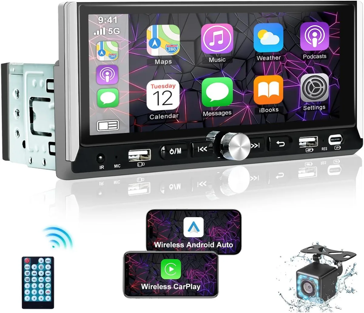 WUQ WUQ Wireless Single Din Car Stereo 6.9 inch Touchscreen Carplay Android Auto Bluetooth 5.0 Backup Camera — product photo