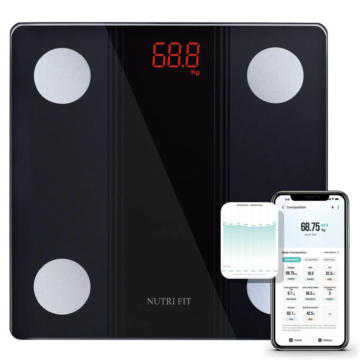 Slim square black bathroom scale with LED display