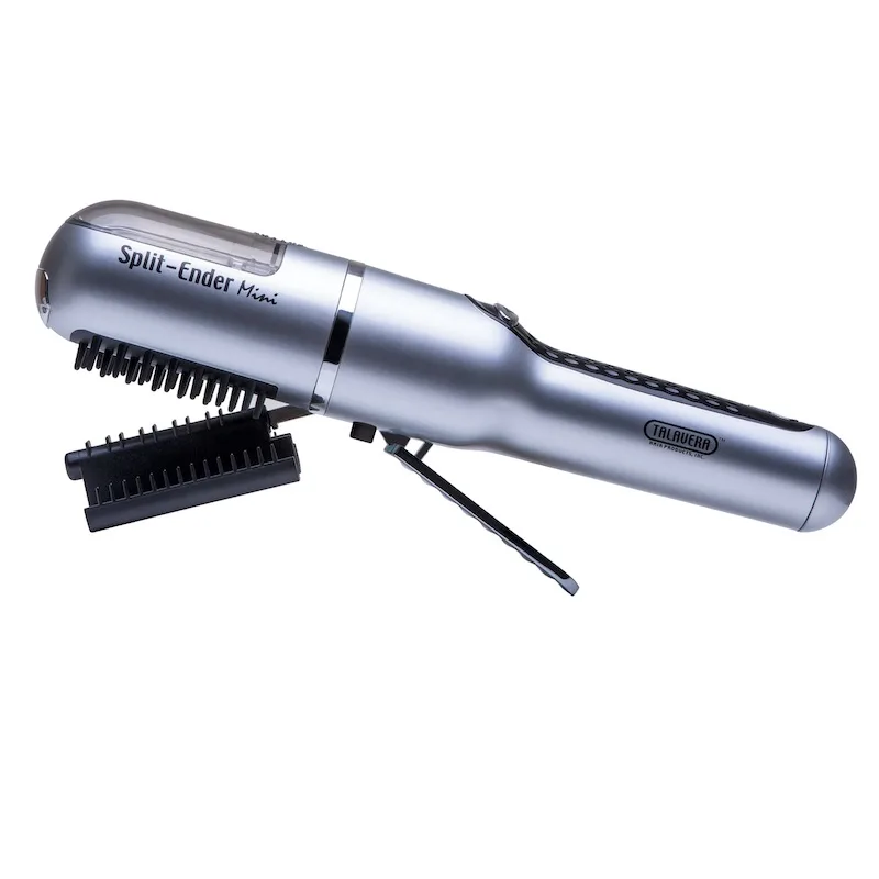 Silver cordless split-end trimmer with comb, clip, brush and travel bag