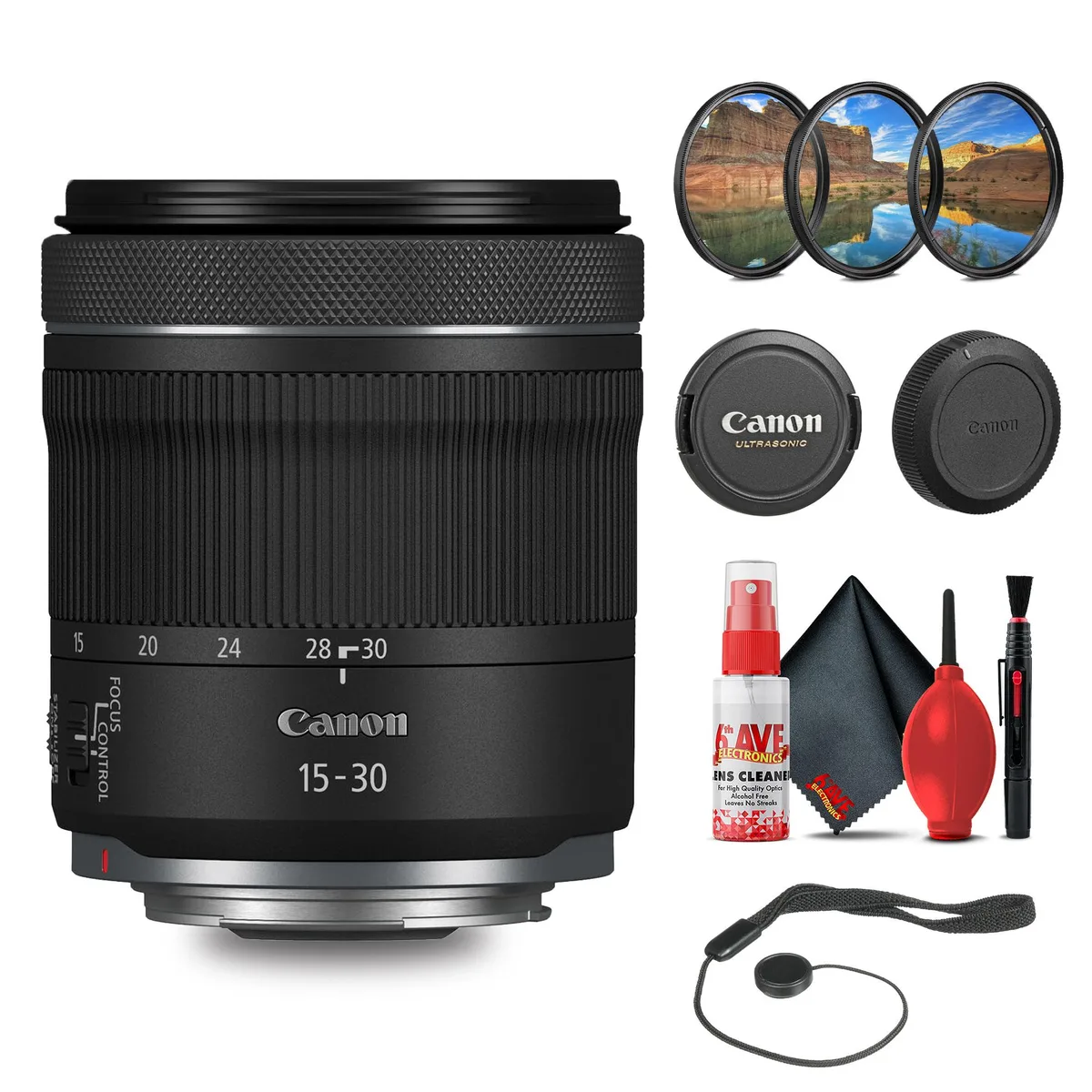 Canon Canon RF 15-30mm f/4.5-6.3 IS STM Lens with Filter Kit, Cleaning Kit, Cap Keeper — product photo
