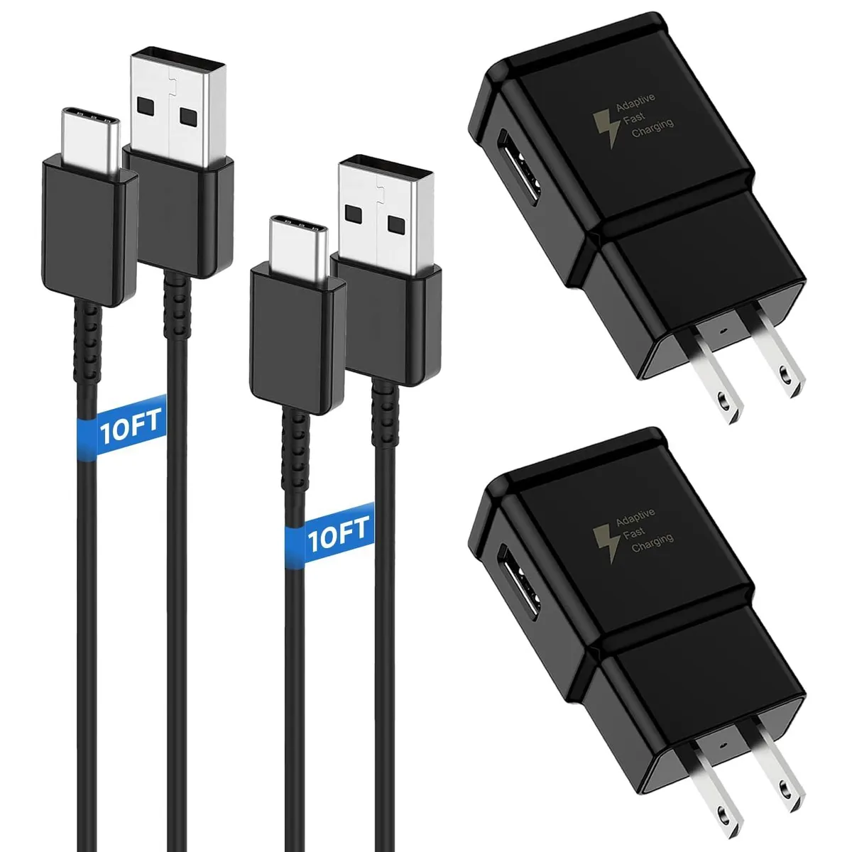 Two white USB-C wall chargers with two long white cables