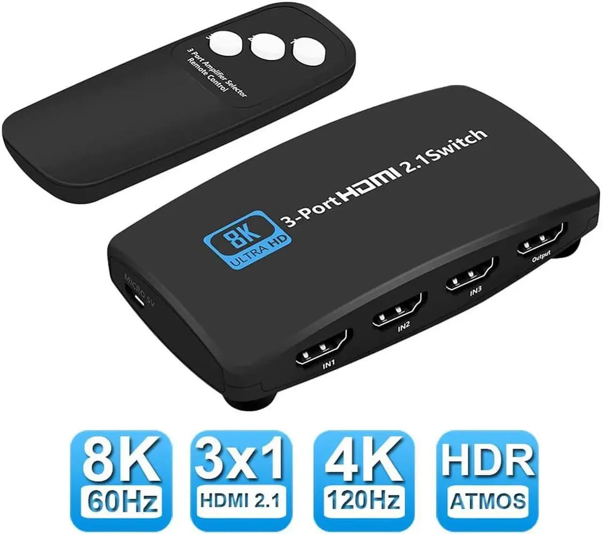 Small black box with three HDMI inputs, one output, IR sensor and LED indicators