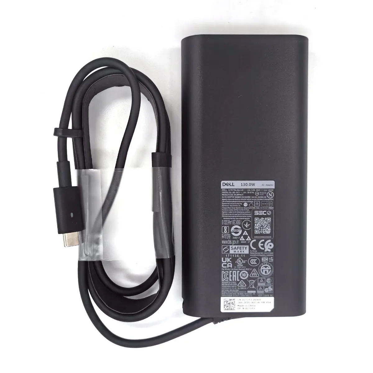 Black rectangular Dell 130W USB-C power adapter with detachable cord