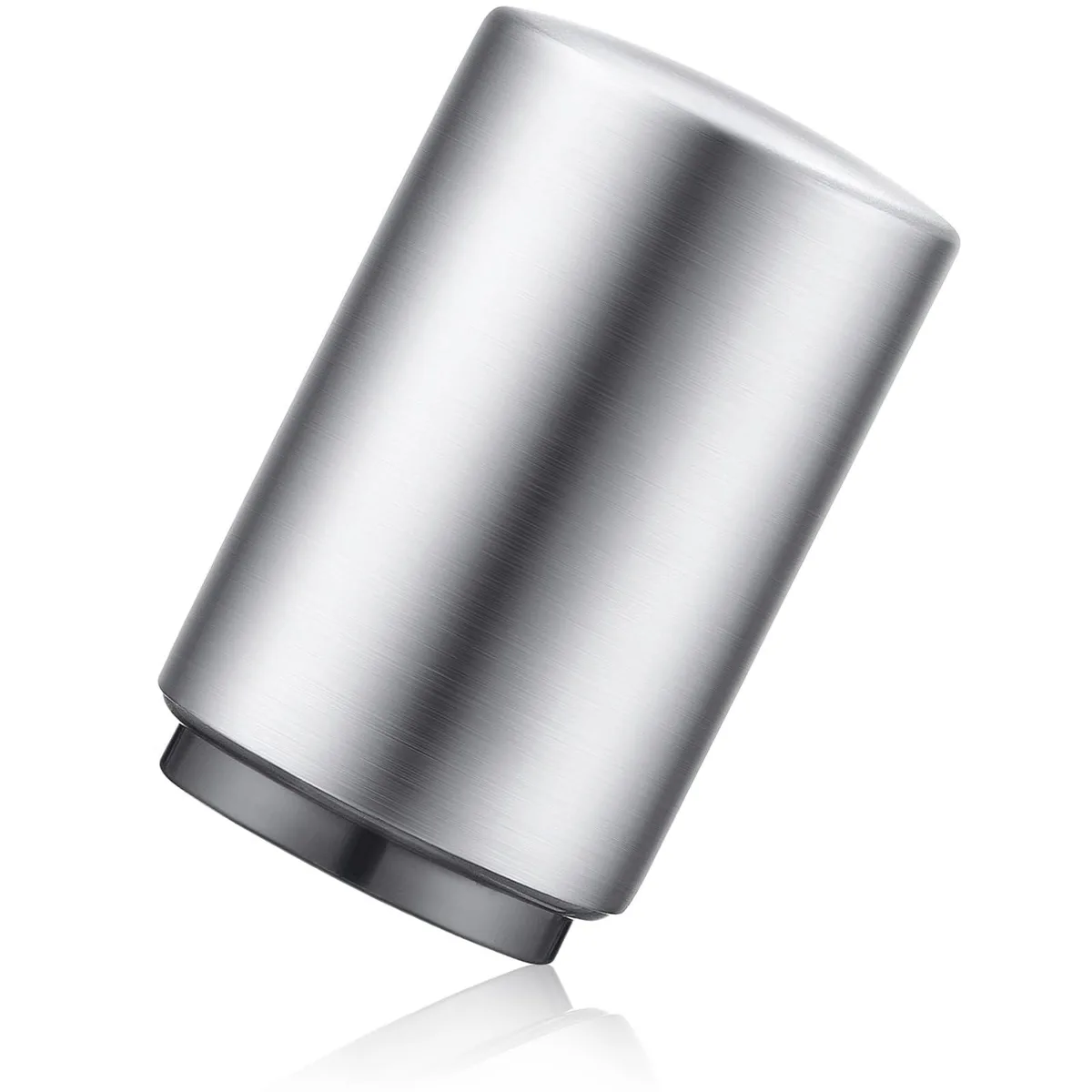 Silver stainless steel bottle opener, compact rectangular shape with push-down mechanism, 8.5 cm long, 132 g