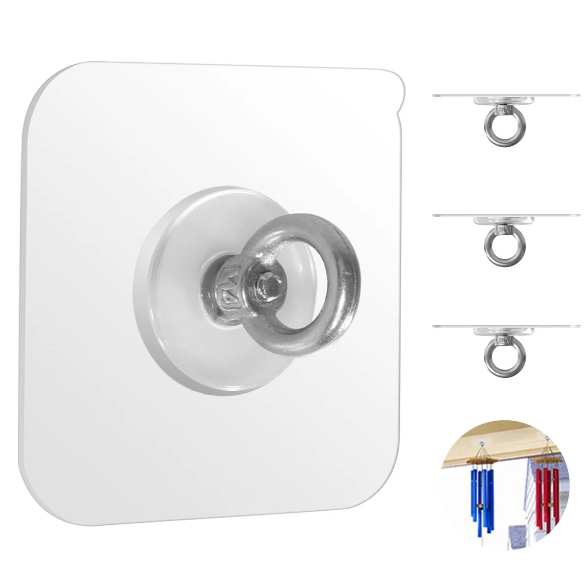 Four stainless steel adhesive hooks on white pads, 2.3 in square, 15 lb capacity