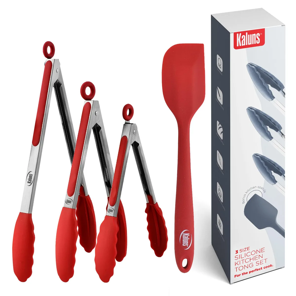 Red silicone-tipped tongs in three lengths plus spatula, stainless steel handles, pull-lock rings