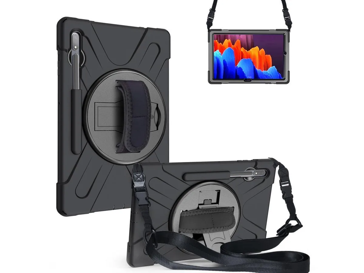Black shockproof case for 12.4 inch Galaxy Tab with rotating stand, pen holder and shoulder strap